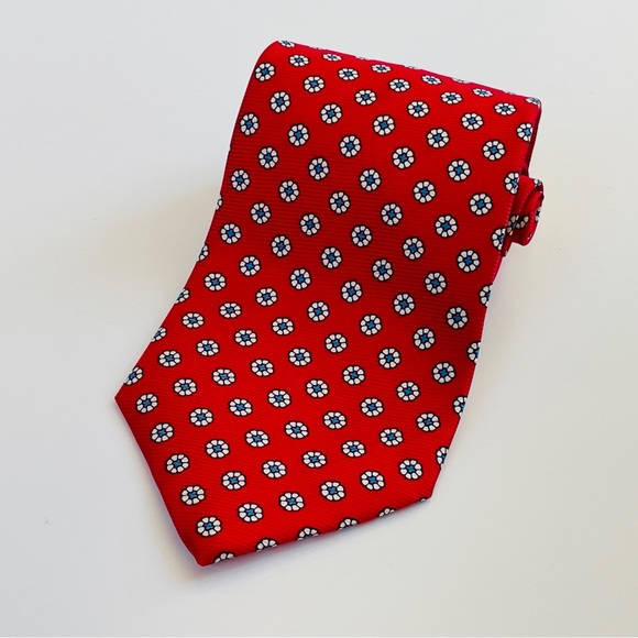 BROOKS BROTHERS Basics 100% Silk Necktie Designer Red w Blue Medallions Print - Picture 1 of 5